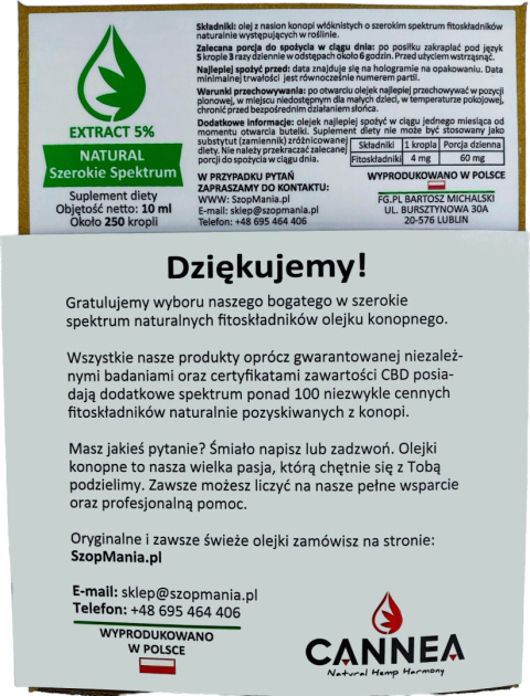 OLEJEK KONOPNY 5% | 500 mg | THC 0% | SZEROKIE SPEKTRUM | Polskie CBD