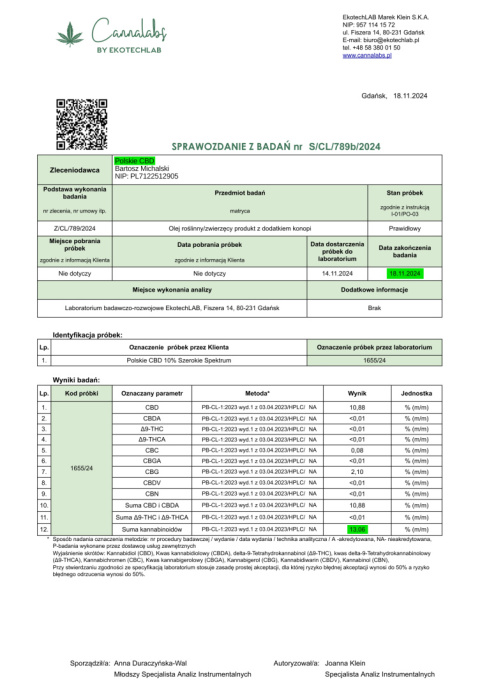 OLEJEK KONOPNY 10% | 1000 mg | THC 0% | SZEROKIE SPEKTRUM | Polskie CBD