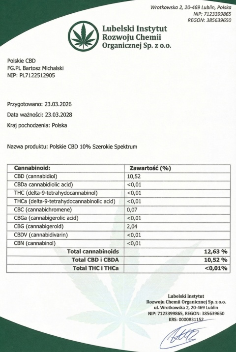 OLEJEK KONOPNY 10% | 1000 mg | THC 0% | SZEROKIE SPEKTRUM | Polskie CBD