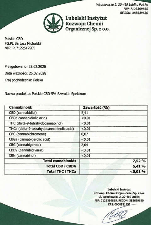 OLEJEK KONOPNY 5% | 500 mg | THC 0% | SZEROKIE SPEKTRUM | Polskie CBD